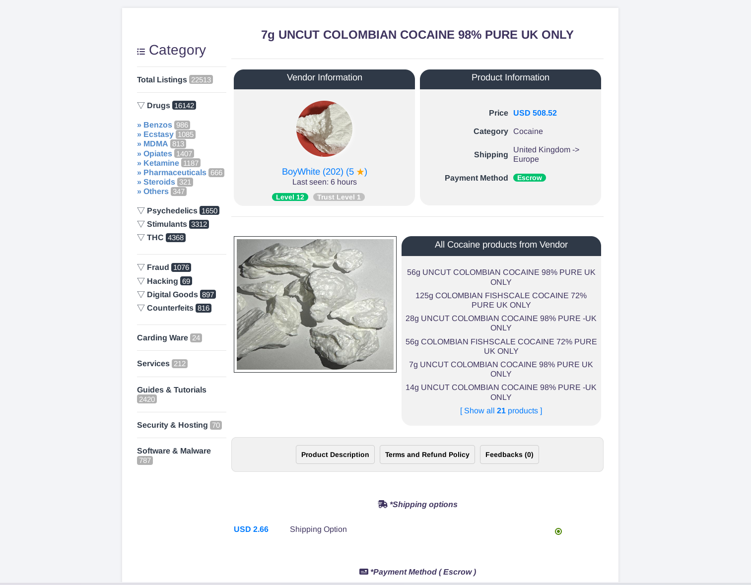 TorZon Market product interface showing active marketplace listings